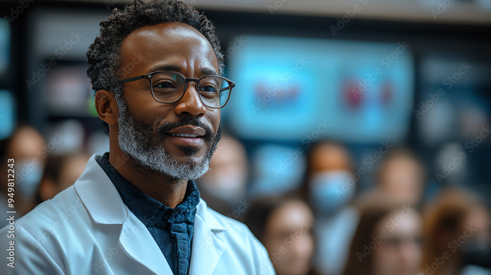 Obraz premium A thoughtful doctor in a lab coat, surrounded by colleagues, portrays confidence and professionalism in a medical setting.