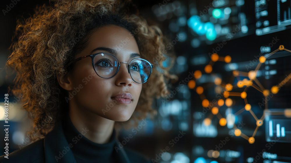 A thoughtful young woman with curly hair and glasses, focused on data analysis in a modern technological environment. A thoughtful young woman with curly hair and glasses, focused on data analysis in a modern technological environment.