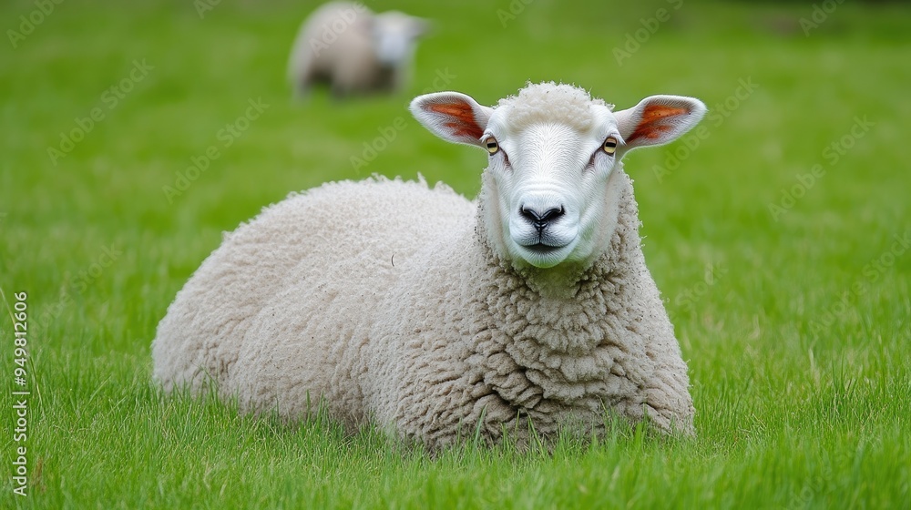 Obraz premium Fluffy White Sheep Resting in Green Field