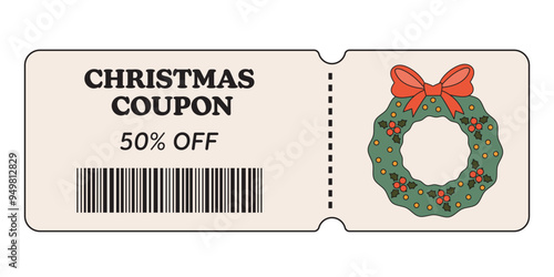 Christmas discount coupon. Christmas coupon and voucher with discount 50 precents off for promo, advertising, sales, shopping, gifts, restaurants, cinemas, cafes. Christmas sale, offer with discount. photo