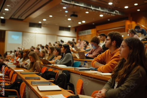 Focused Freshmen Students in Modern Lecture Hall During TED-style Talk on Innovative Ideas