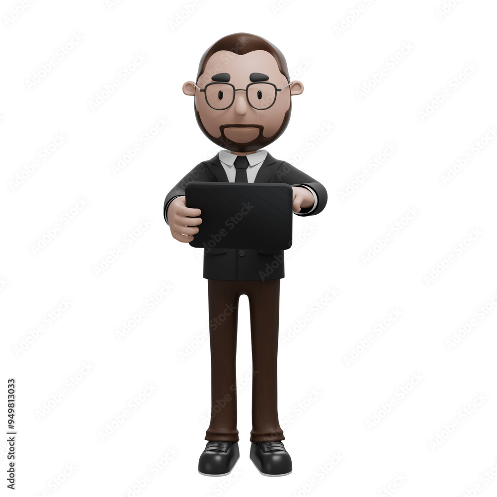 a professional character holding and interacting with a tablet, symbolizing digital technology, business operations, or modern communication in a professional setting. a professional character holding and interacting with a tablet, symbolizing digital technology, business operations, or modern communication in a professional setting.
