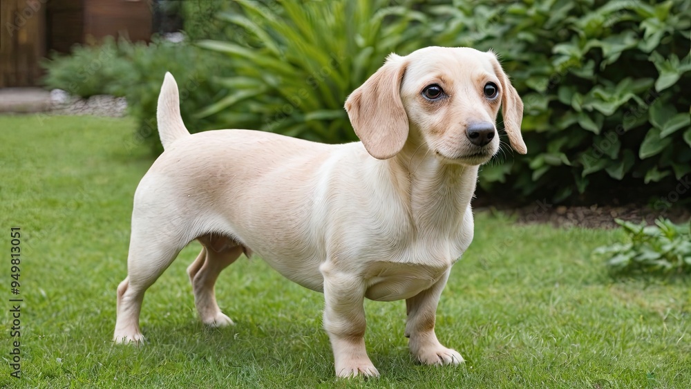 Cream smooth haired dachshund dog in the garden Cream smooth haired dachshund dog in the garden
