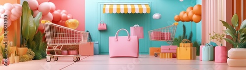 Vibrant Shopping Scene with Colorful Bags, Carts, and Balloons in a Modern Retail Environment photo