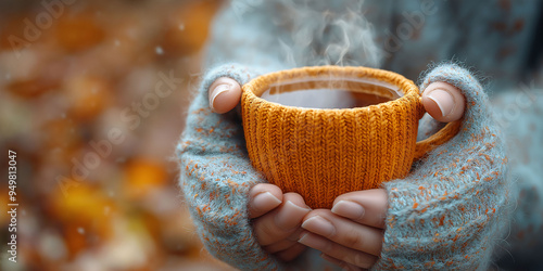  Hand holding a cup of hot tea on a cold day. Soft focus background with autumn leaves. Warm and cozy atmosphere. Image generated by AI photo