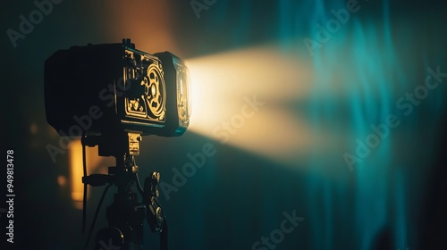 A movie projector stands on a dark background, casting a bright beam of light. The contrast between the light and dark creates a captivating and dramatic image. 