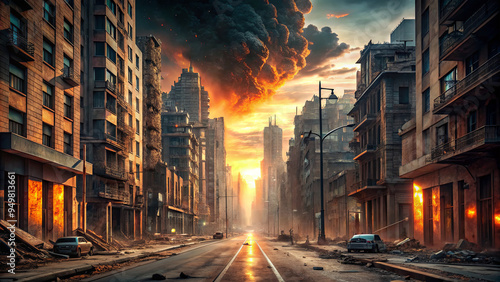 A deserted city street reveals crumbling buildings and smoldering debris, illuminated by a dramatic sunset and ominous clouds, creating a haunting atmosphere