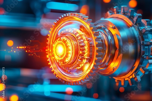 Futuristic metallic gear with glowing elements, highlighting advanced technology and intricate design in a digital environment.