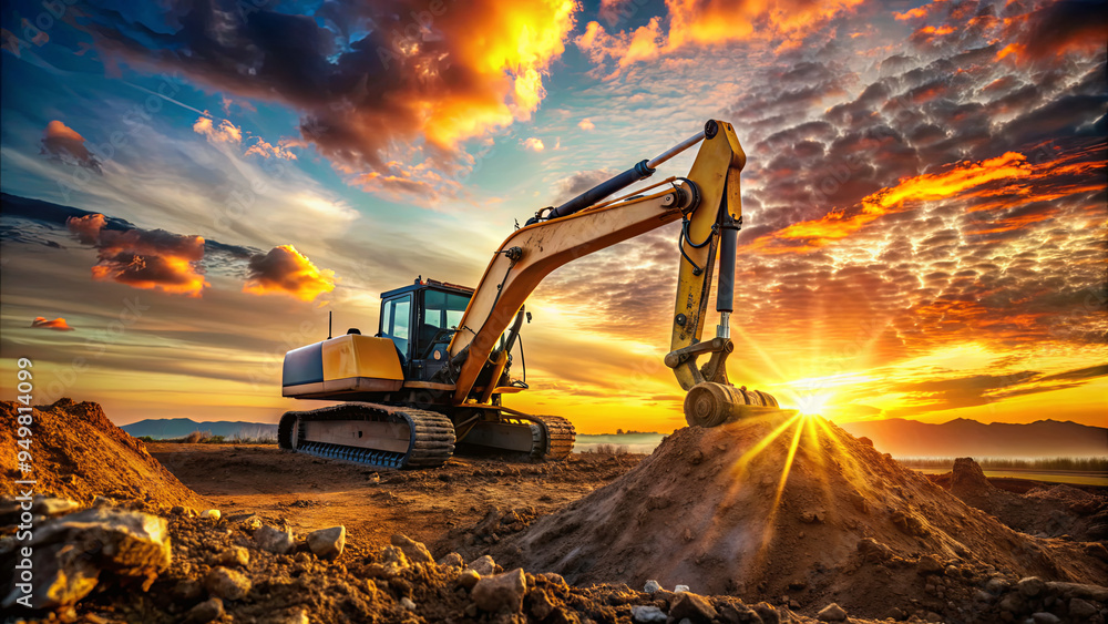 An excavator operates on a construction site as the sun sets, casting a warm glow over the landscape. The sky is filled with colorful clouds and hues An excavator operates on a construction site as the sun sets, casting a warm glow over the landscape. The sky is filled with colorful clouds and hues
