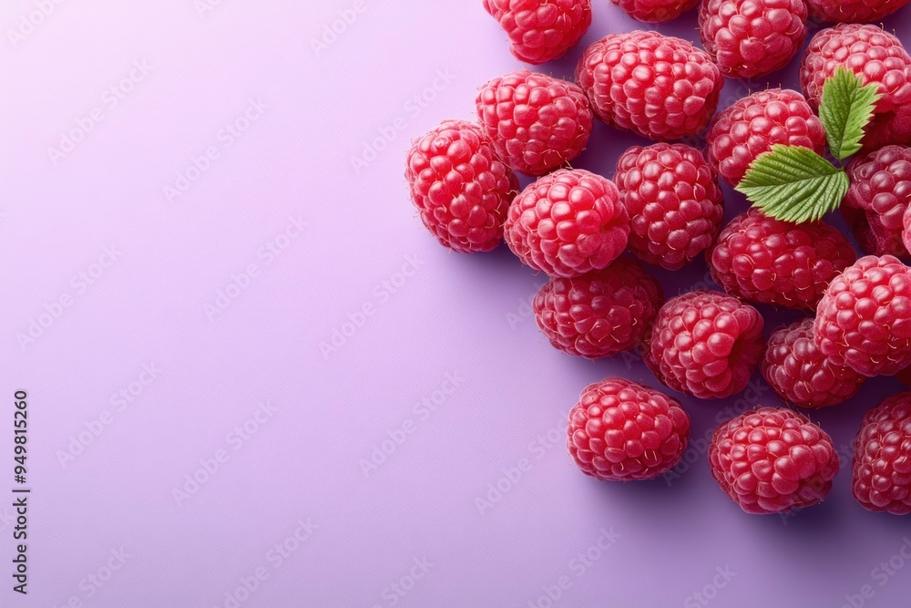 Close-up of Fresh Raspberries with Green Leaves on a Purple Background Close-up of Fresh Raspberries with Green Leaves on a Purple Background