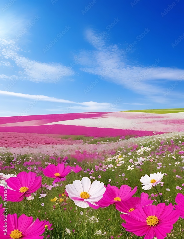 Beautiful and amazing cosmos flower field landscape in sunset