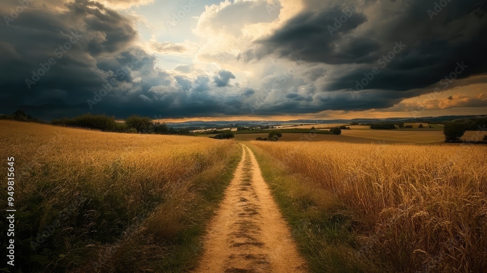 Naklejka premium Rural landscape with a dirt path stretching towards a distant horizon, framed by fields and a dramatic sky.