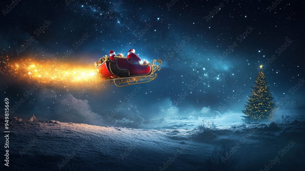 Fototapeta premium Santa's Sleigh Flying Through a Starry Night Sky Guided by Reindeer Over a Snowy Forest