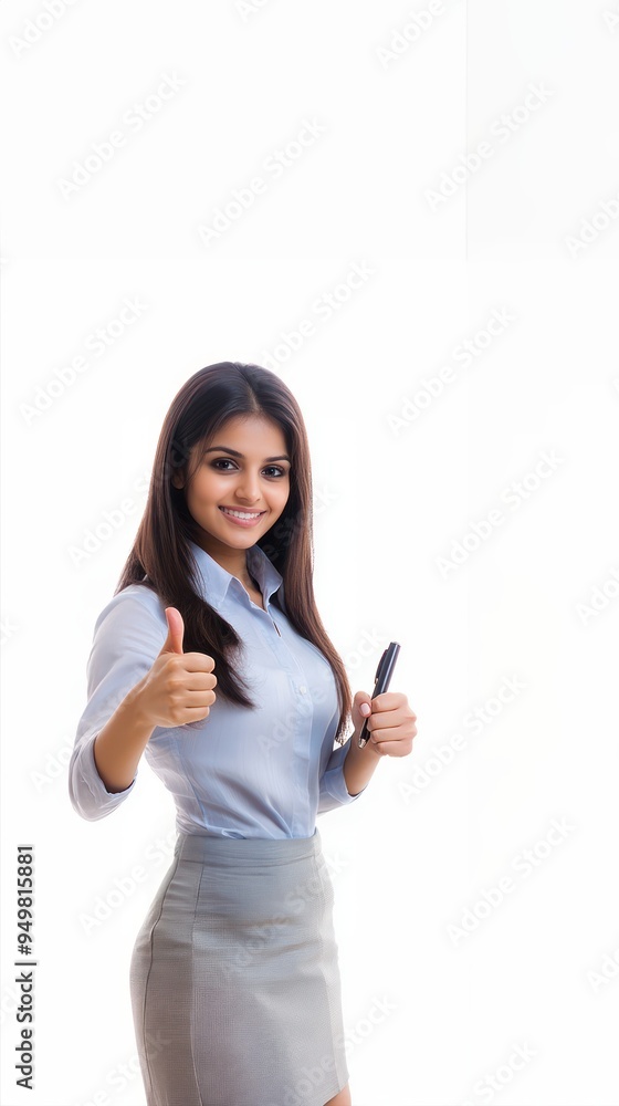 Indian businesswoman holding a pen in one hand and giving a thumbs up after completing an agreement, signaling success, professional approval, business negotiation Indian businesswoman holding a pen in one hand and giving a thumbs up after completing an agreement, signaling success, professional approval, business negotiation