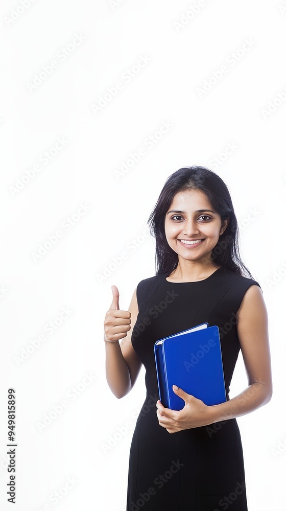 Indian woman giving a thumbs up gesture after a deal on a white background, showing approval, successful negotiation, business agreement Indian woman giving a thumbs up gesture after a deal on a white background, showing approval, successful negotiation, business agreement