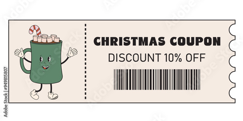 Christmas discount coupon with Hot chocolate, cocoa mug. Christmas coupon and voucher with discount for promo, advertising, sales, shopping, gifts, restaurants, cafes. Christmas sale, offer.