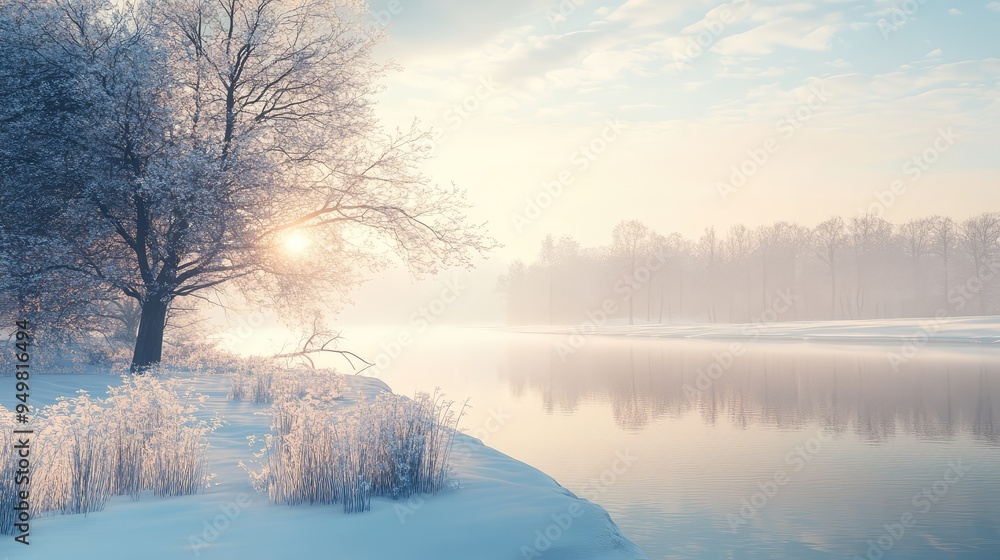 Silent, snow-covered landscape with gentle, diffused light creating a serene and reflective mood in a winter setting. Silent, snow-covered landscape with gentle, diffused light creating a serene and reflective mood in a winter setting.