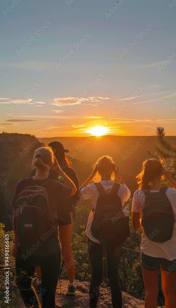 Fototapeta premium Freshmen Students Enjoying Sunrise Hike to Scenic Viewpoint - Adventure, Nature, Golden Hour