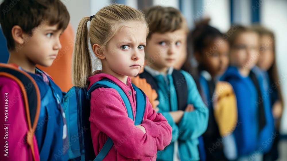 Frustrated school child among children in the school yard Frustrated school child among children in the school yard
