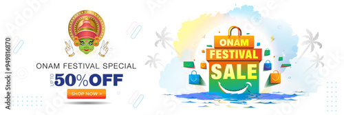 Onam festival offer sale 50% off deal, discount concept. Kerala snake bord and shopping bag background.