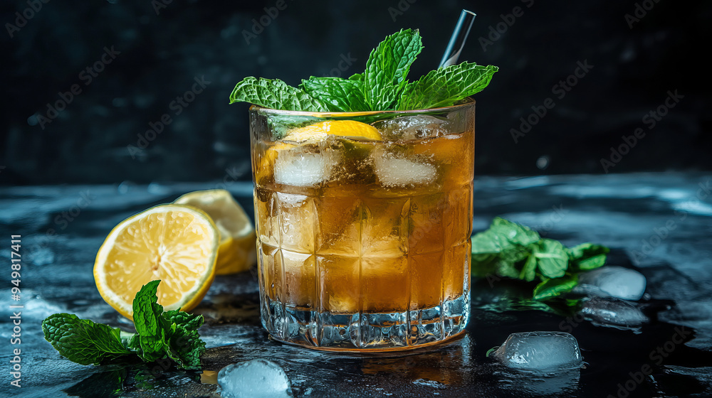Fototapeta premium The scene should evoke a sense of freshness and indulgence, showcasing a vibrant, non-alcoholic cocktail enhanced with dried fruits, lemon, mint, and ice. The clear glass, bright colors, and garnishes