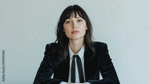 A young woman with shoulder-length brown hair and bangs, wearing a black blazer and white shirt, sits confidently at a desk.