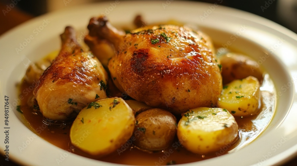 Chicken and potatoes roasted in flavorful liquid Chicken and potatoes roasted in flavorful liquid