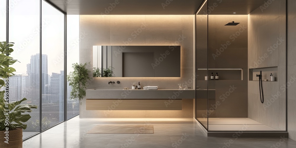 Modern bathroom with city view, shower, and vanity. Modern bathroom with city view, shower, and vanity.