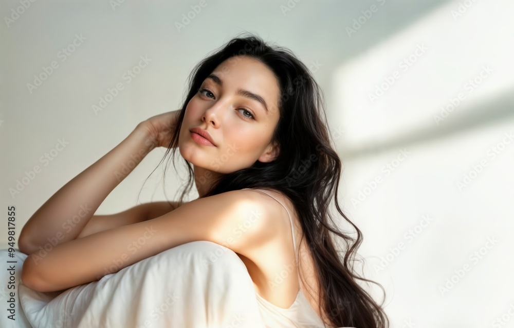 Close-up portrait of a young woman with short black hair, sitting in warm sunlight. Her contemplative expression is accentuated by the soft shadows and natural light. Close-up portrait of a young woman with short black hair, sitting in warm sunlight. Her contemplative expression is accentuated by the soft shadows and natural light.