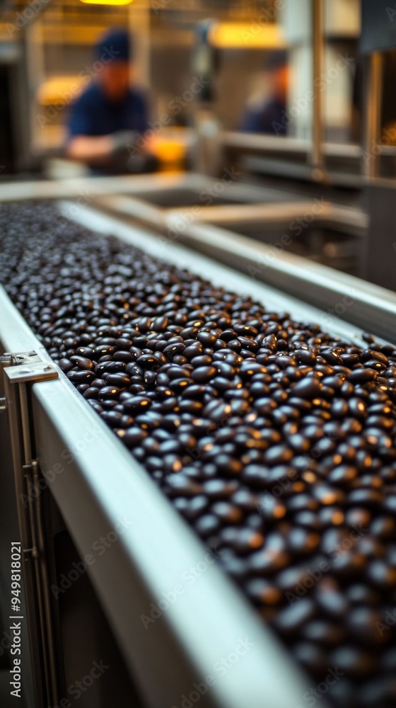 Fototapeta premium Black beans are being sorted and packaged on a conveyor belt in a bustling food processing factory.
