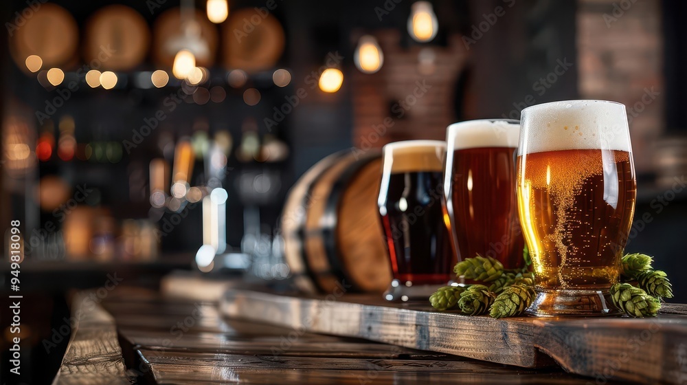 Craft beer in a cozy pub, wooden barrels and hops, Cozy, Earth tones, Photograph, Brewery charm Craft beer in a cozy pub, wooden barrels and hops, Cozy, Earth tones, Photograph, Brewery charm