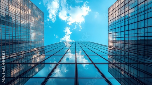 Modern Glass Skyscrapers Reflecting Blue Sky and Clouds in Urban Cityscape