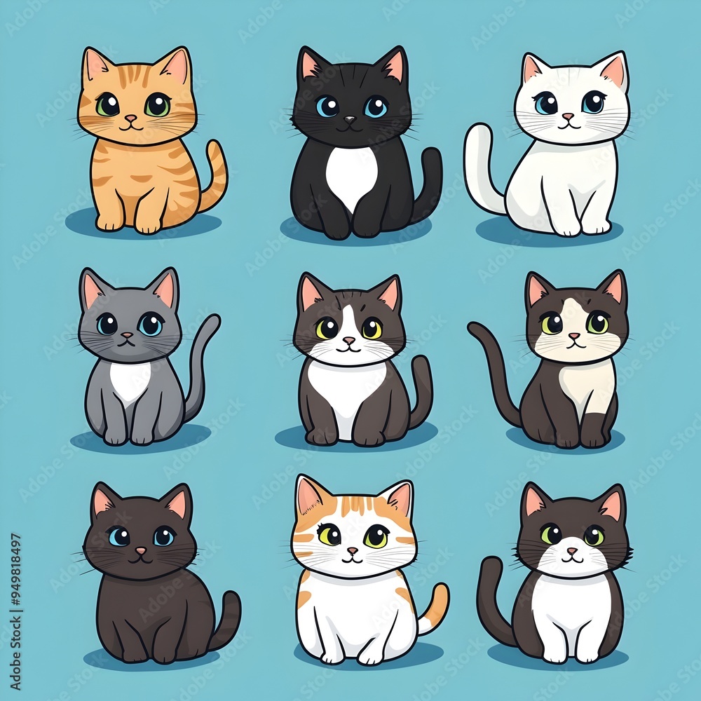 Diverse Cartoon Cats in Soothing Baby Blue Ambiance Diverse Cartoon Cats in Soothing Baby Blue Ambiance