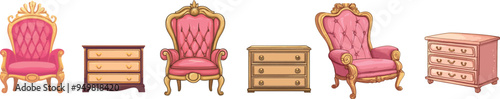 The top of a golden armchair with red upholstery is set in front of a gold nightstand with drawer for a luxury bedroom interior.