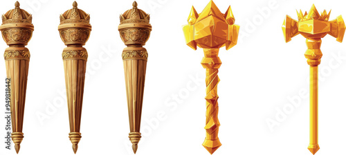 Royal wand with red gems for monarchs. Gold  monarchy emperor symbol, imperial coronation rod on white background.