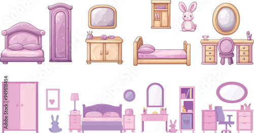 A modern cartoon set of female kids room interior with books, mirrors, and plush rabbit toys isolated on white background..