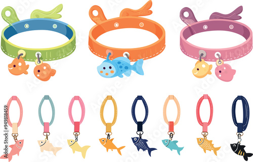 Modern cartoon set of leather belts with buckles and gold, silver, and metal badges in the shape of fish or cats.