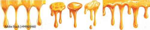 Flowing melted cheese isolated on white. Cartoon borders of hot slices of cheddar, parmesan