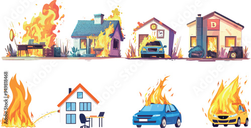 Objects on fire, burning car, and computer on table. Clouds of black smoke surrounding objects on white background.