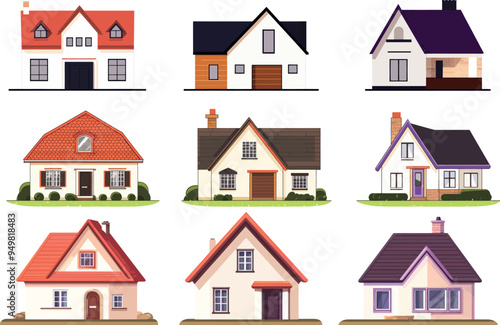 Modern cartoon illustration of suburban cottages with garages in a suburban district.