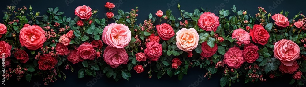 Beautiful Array of Vibrant Red and Pink Roses Against a Dark Background in Full Bloom Beautiful Array of Vibrant Red and Pink Roses Against a Dark Background in Full Bloom