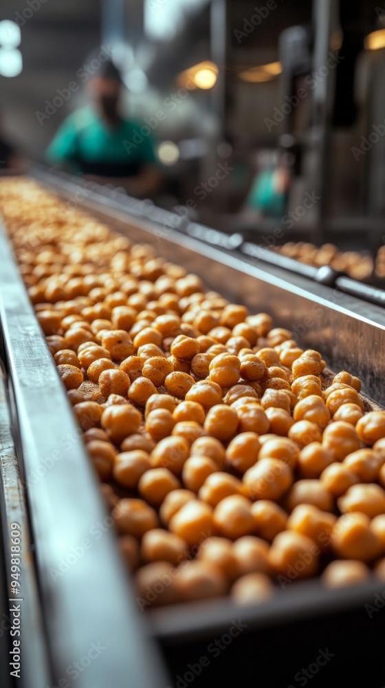 Chickpeas are being roasted and seasoned on a production line in a factory, creating healthy, crunchy snacks. Chickpeas are being roasted and seasoned on a production line in a factory, creating healthy, crunchy snacks.