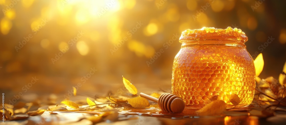 Golden Honey Jar with Honey Dipper Surrounded by Autumn Leaves in Warm Sunlight Golden Honey Jar with Honey Dipper Surrounded by Autumn Leaves in Warm Sunlight