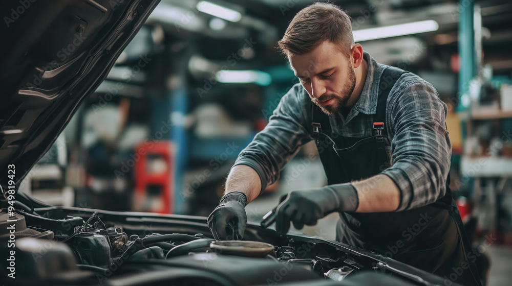 Mechanic checking the oil level in a car engine Mechanic checking the oil level in a car engine