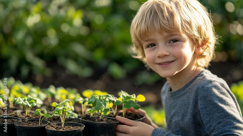 Kid holds seedlings at domestic garden. Kid holds seedlings at domestic garden.