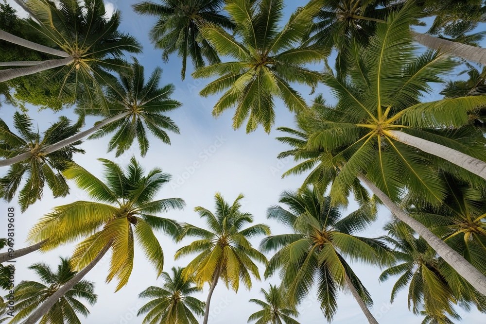 Aerial Perspective of Vibrant Areca and Coconut Palm Trees Against Bright White Background Aerial Perspective of Vibrant Areca and Coconut Palm Trees Against Bright White Background