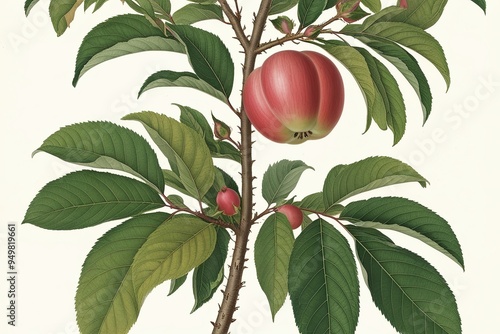 Vintage Botanical Illustration of Isolated Malay Rose Apple Tree with Exotic Pinkish Fruit and Organic Leaves photo