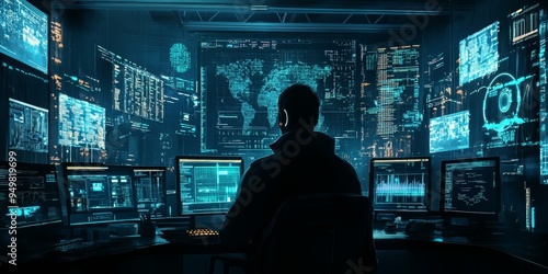 Silhouetted hacker working with multiple screens.