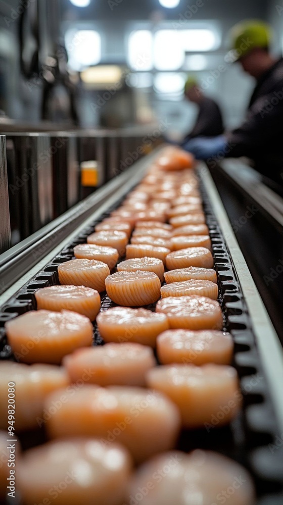 Scallops are being hand-selected and packed by workers in a seafood processing factory, showcasing quality control. Scallops are being hand-selected and packed by workers in a seafood processing factory, showcasing quality control.