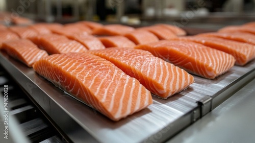 Fresh salmon fillets neatly arranged on an automated slicer, ready for preparation in a professional kitchen.